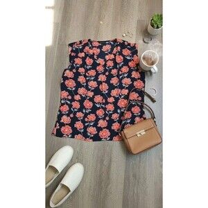 Banana Republic Floral Sleeveless Drapey Blouse Navy Red Women’s Size L Top